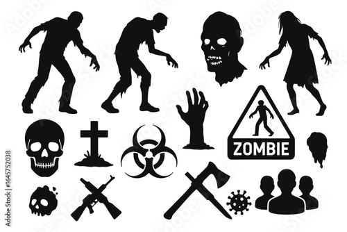 Zombie icons collection – horror creatures, apocalypse theme, scary design, simple line style