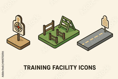 Training facility icons set – gym equipment, fitness center, workout space, simple line style