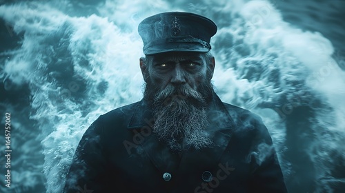 photo-realistic ghost captain guiding ship of traceable seafood through ancient storm path, cinematic spiritual thriller