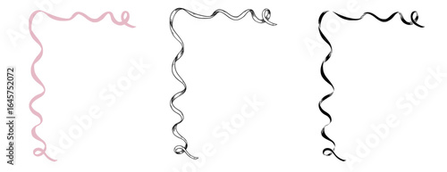 Vector illustration of curly Ribbon border. Linear drawing of Frames in pink and black inks on isolated background. Outline etching for wedding greeting card or baby shower invitations.