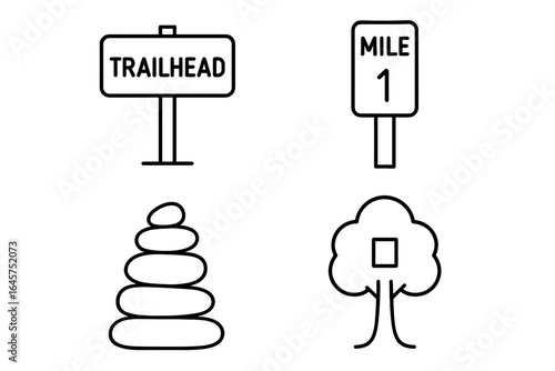 Trail signage icons set – hiking signs, direction symbols, nature navigation, simple line style