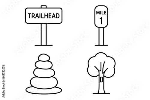 Trail signage icons set – hiking signs, direction symbols, nature navigation, simple line style