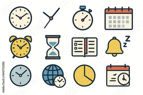 Time management icons: clocks, stopwatch, calendar, alarm, hourglass, planner