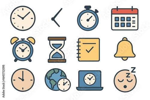 Assorted time management icons featuring clocks, calendar, and alarm symbols