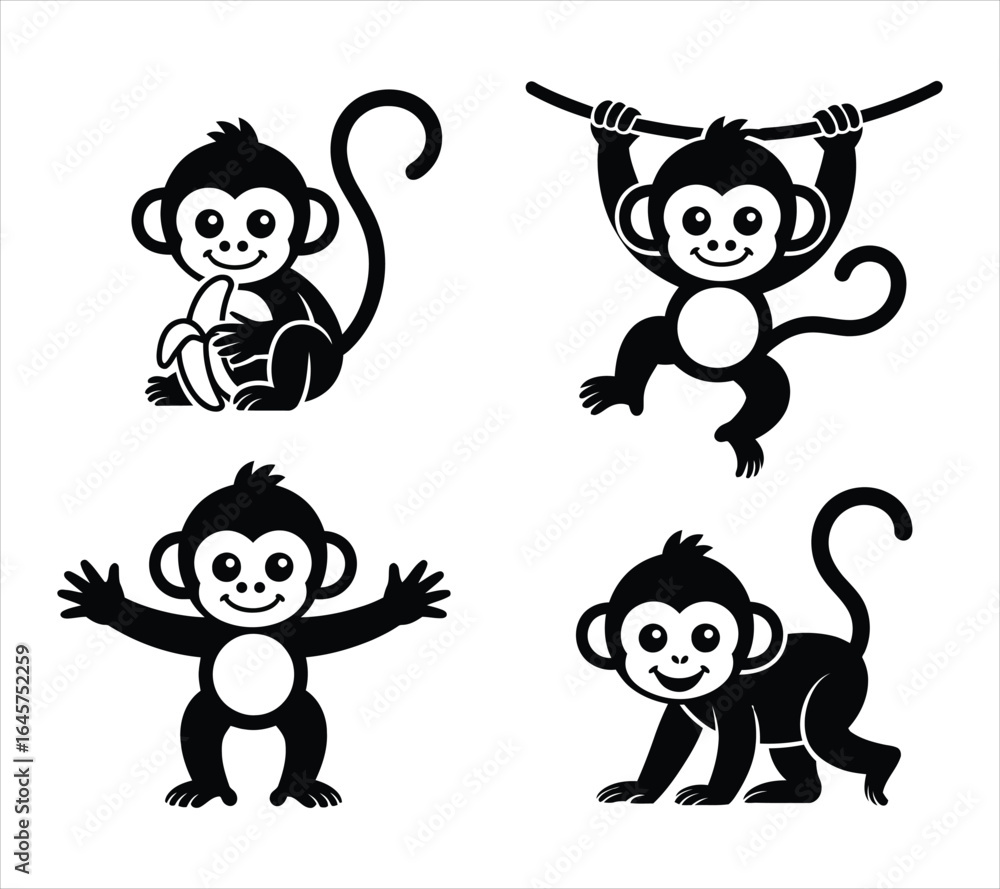 Fototapeta premium Baby Monkey Silhouette Illustration Vector Pack