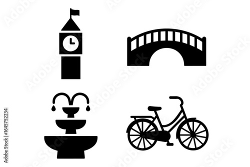 Romantic city icons set – love travel, date places, urban romance, simple line style