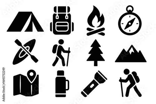 Outdoor adventure icons set – camping, hiking, travel, nature exploration, simple line style