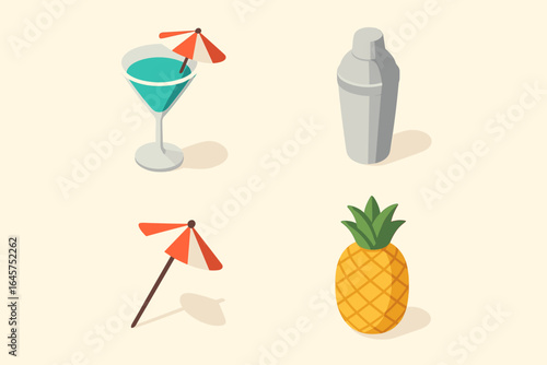 Seaside cocktail icons set – summer drinks, beach bar, simple line style