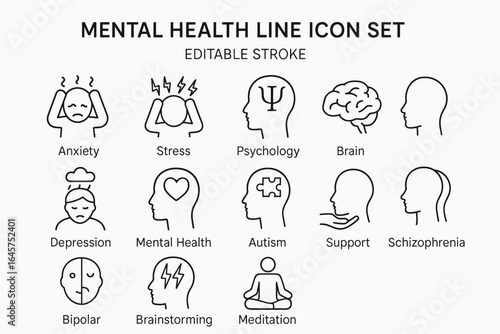 Mental health icons set – psychology, anxiety, depression, brain, meditation