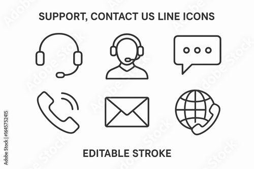 Support and contact line icons set — phone, email, chat, headset, customer service, editable stroke