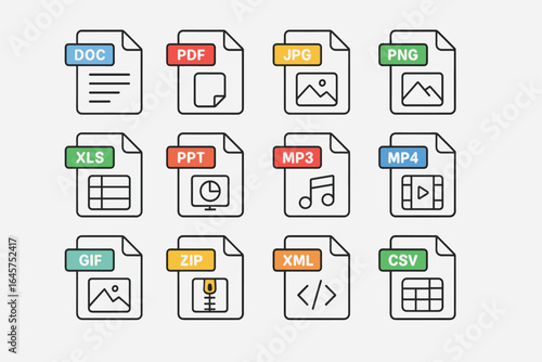 File format icons set — document types DOC, PDF, JPG, PNG, XLS, PPT, MP3, MP4, ZIP, CSV