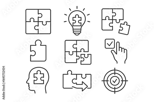 Problem solving icons set – puzzle, idea, strategy, solution concept