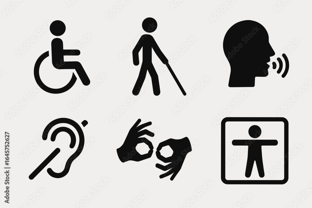 Fototapeta premium Accessibility and disability icons set – wheelchair, blind, hearing, speech, sign language