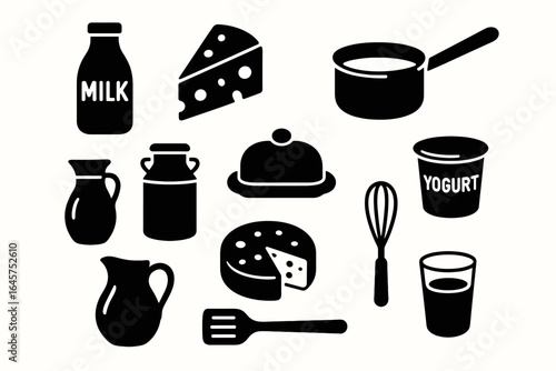 Dairy products icons set – milk, cheese, yogurt, butter, cookware