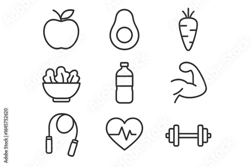 Healthy lifestyle icons set – fruits, vegetables, water, fitness, heart, dumbbell