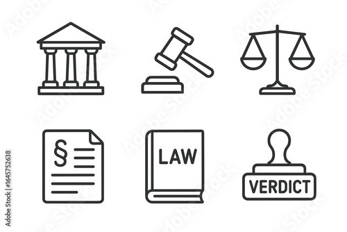 Law and justice icons set – courthouse, gavel, scales, document, book, verdict