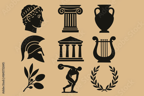 Ancient Greece icons set – statue, helmet, temple, column, laurel wreath, amphora