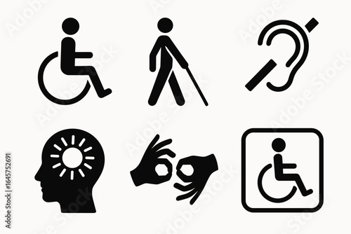 Disability and accessibility icons set – wheelchair, blind, hearing, mental health, sign language