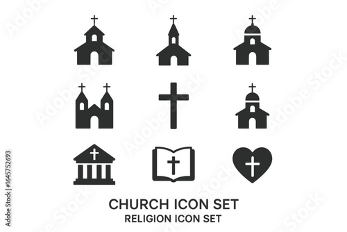 Church and religion icons set – cathedral, cross, bible, heart, chapel