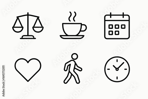 Work life balance icons set – scale, coffee, calendar, heart, walking, clock