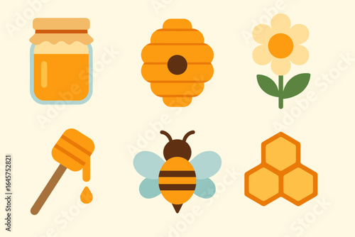 Beekeeping and Honey Icons Set – Jar, Beehive, Flower, Bee, Honey Dipper and Honeycomb Illustrations