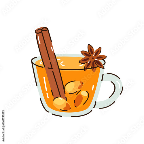 Tea with sea buckthorn, cinnamon. Autumn drink with berries. Vector illustration.