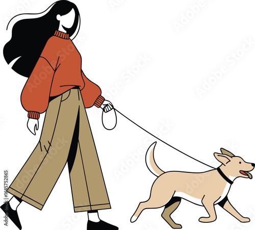 Young woman walking dog outdoors, casual outfit, autumn fashion style, pet lover illustration, healthy lifestyle, happy moment, vector ar