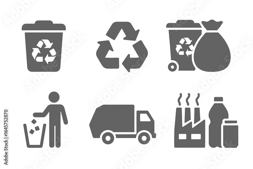 Recycling and Waste Management Icons Set – Eco Friendly, Sustainability, Trash, Garbage, Pollution and Environmental Protection Symbols