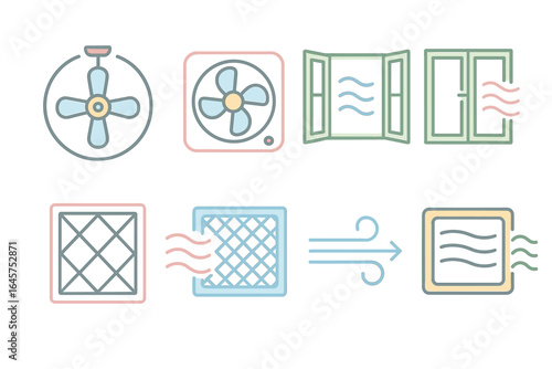 Air ventilation and filtration icons set – fans, windows, airflow, filters