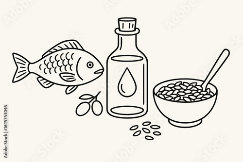 Omega 3 Food Sources Line Icons. Line Art Ingredients_simple_compose