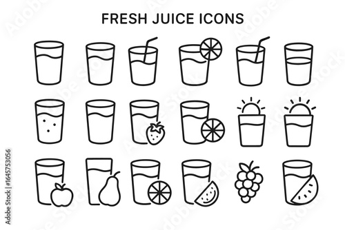 Fresh juice icons set: variety of fruit-themed beverage illustrations