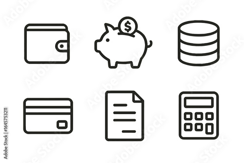 Finance and Banking Line Icons – Wallet, Piggy Bank, Credit Card, Calculator