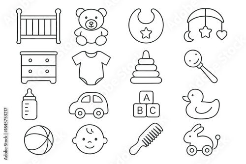Baby essentials icon set: toys, furniture, and accessories for infants
