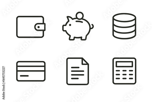 Finance and Banking Line Icons – Wallet, Piggy Bank, Credit Card, Calculator