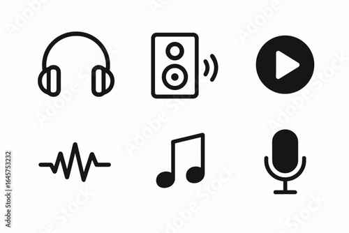 Music and Audio Icon Set – Headphones, Microphone, Note, Play, Sound