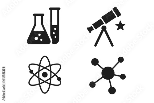 Science and Research Icon Set – Laboratory, Telescope, Atom, Molecule