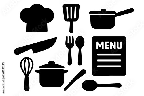 Cooking and Kitchen Icons – Chef Hat, Utensils, Pots, Menu