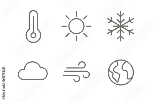 Weather and Climate Icons Set – Sun, Cloud, Rain, Lightning, Snowflake, Thermometer