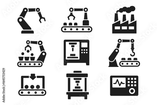 Industrial Automation Icons Set – Factory, Robotic Arm, Conveyor Belt, Machine, Production