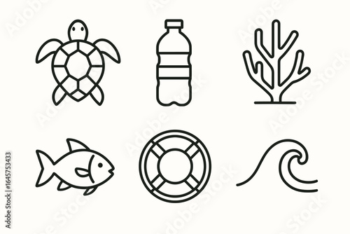 Marine Life and Ocean Pollution Icons – Turtle, Fish, Plastic, Coral, Wave, Lifebuoy