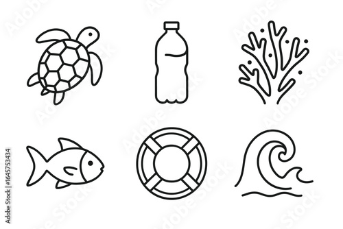 Marine Life and Ocean Pollution Icons – Turtle, Fish, Plastic, Coral, Wave, Lifebuoy