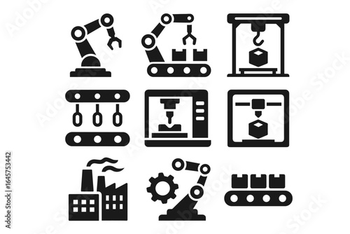 Industrial Automation Icons Set – Factory, Robotic Arm, Conveyor Belt, Machine, Production