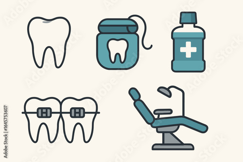 Dental Care Icons Set – Tooth, Braces, Mouthwash, Floss, Dentist Chair