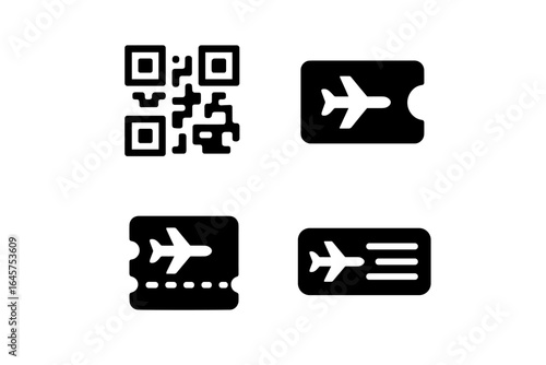 Airplane Ticket Icons Set – Boarding Pass, QR Code, Flight Travel, Airline Ticket