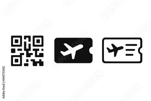Airplane Ticket Icons Set – Boarding Pass, QR Code, Flight Travel, Airline Ticket