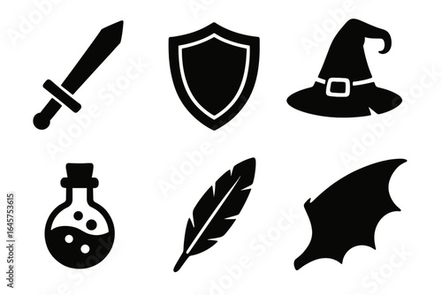 Fantasy Icons Set – Sword, Shield, Witch Hat, Potion, Feather, Dragon Wing