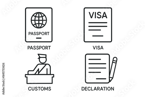 Travel and Border Control Icons – Passport, Visa, Customs, Declaration