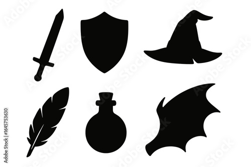 Fantasy Icons Set – Sword, Shield, Witch Hat, Potion, Feather, Dragon Wing