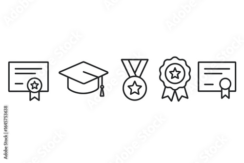 Education and Achievement Icons – Diploma, Graduation, Medal, Award