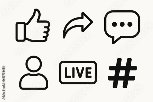 Social Media Icons – Like, Share, Comment, Live, Hashtag